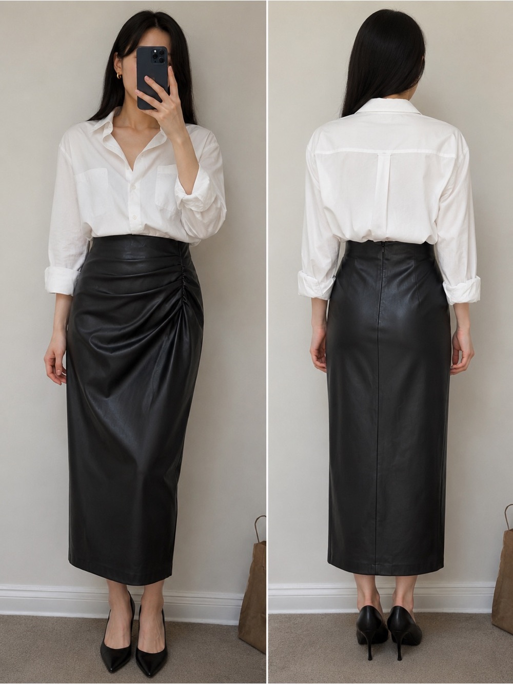 Zara Faux Leather Ruched Midi Skirt